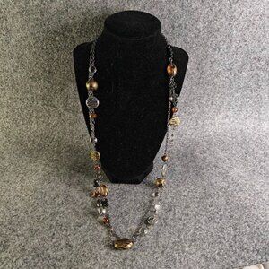 Artisan Charm Necklace Unisex Long Silver Chain Clear/Amber Beads Boho Vintage